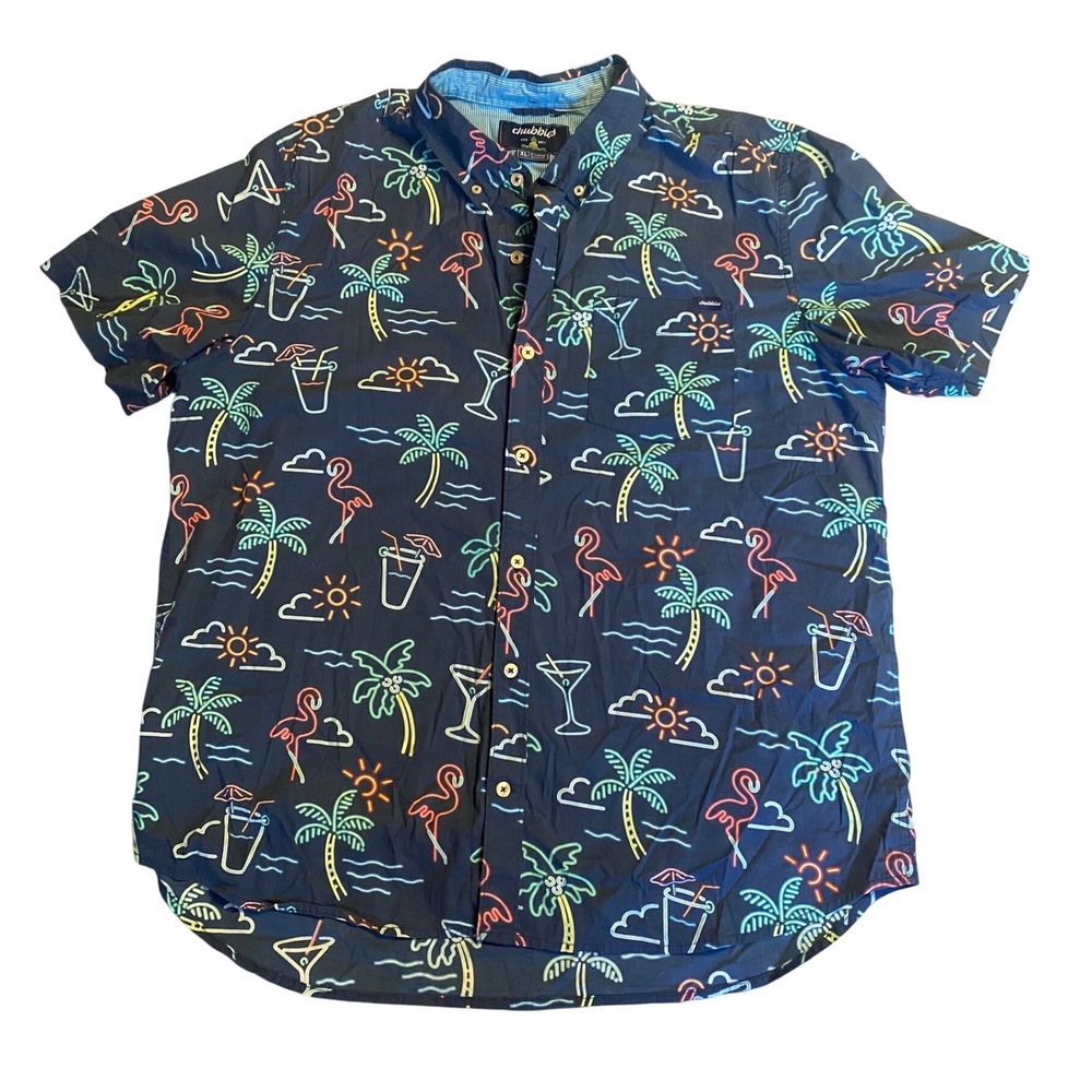 Chubbies Button Down Shirt Mens XL Navy Neon Flamingo Palm Tree Tropical